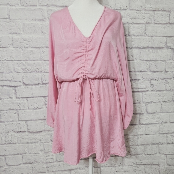 Zara Bubble Gum Pink Stain Drap Mini Dress Rouching Small - Picture 5 of 9